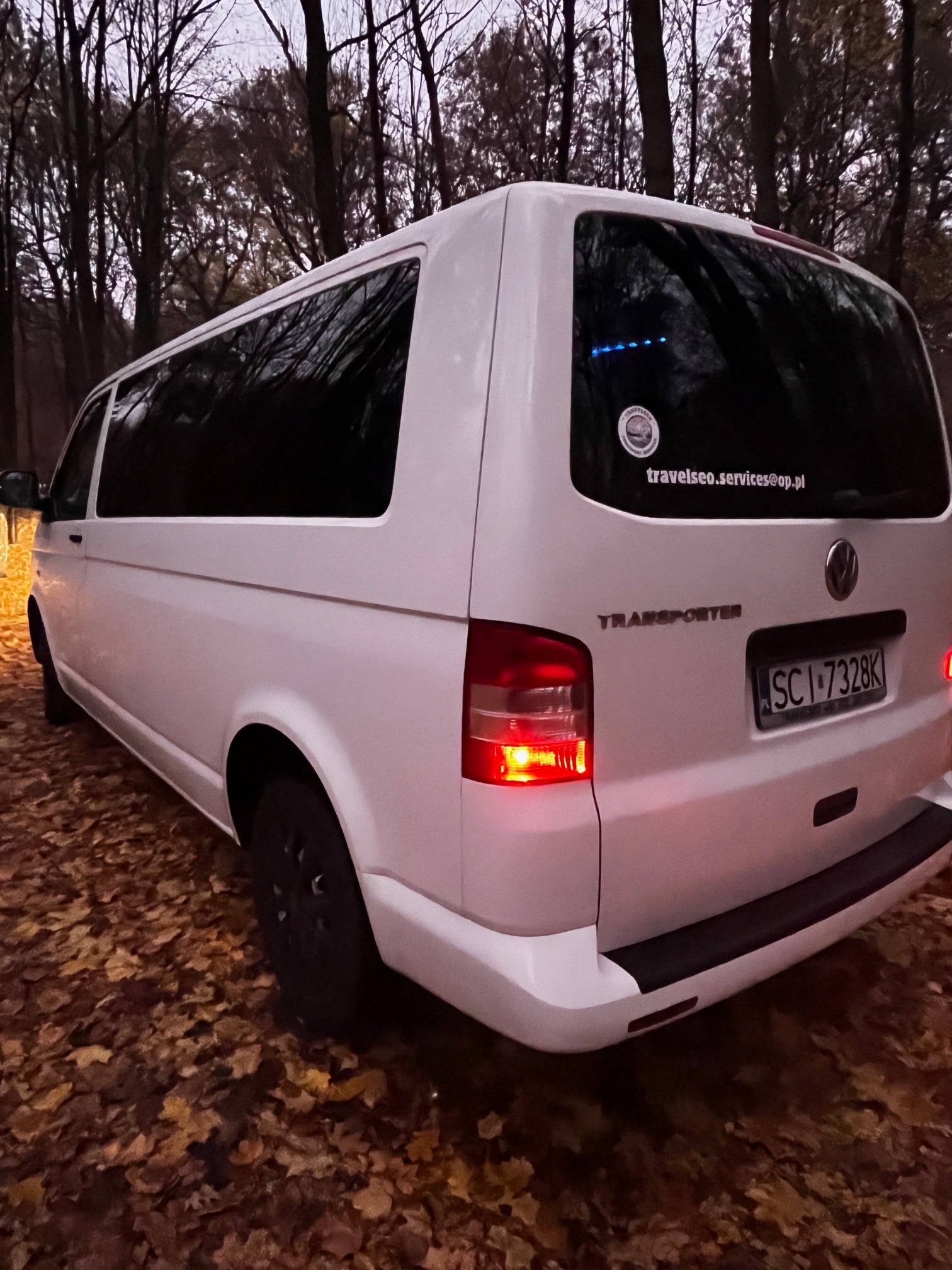Biały Volkswagen Transporter zaparkowany na tle jesiennego lasu, widoczne tylne światła, naklejka z adresem strony internetowej i tablica rejestracyjna.
