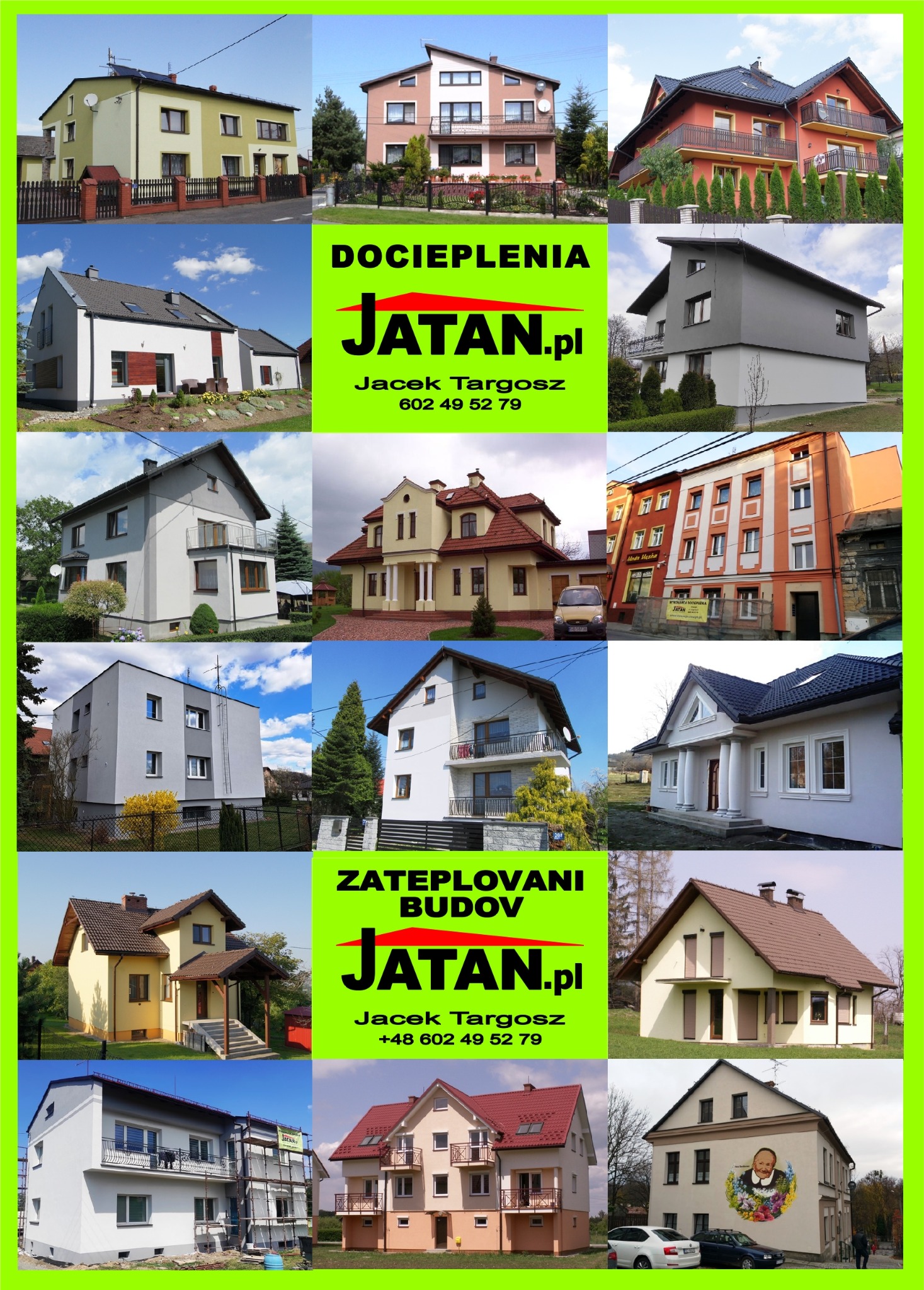 Kolaż zdjęć przedstawiających różne domy po ociepleniu i tynkowaniu elewacji, z logo firmy JATAN.pl i danymi kontaktowymi na zielonym tle.
