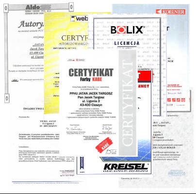 Zestaw certyfikatów i licencji firm budowlanych, w tym KABE, Bolix i Kreisel, z wyraźnymi logo i nazwami firm, układających się w warstwową kompozycję dokumentów.