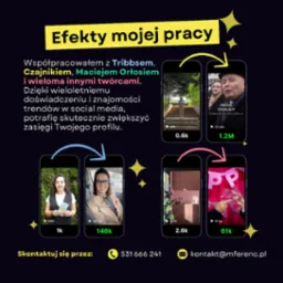 Prezentacja efektów pracy w social mediach: kolaż zrzutów ekranu z telefonów pokazujących zasięgi postów, w tym nagranie z osobą stojącą na schodach, komentarz z politykiem i toast kieliszkami.