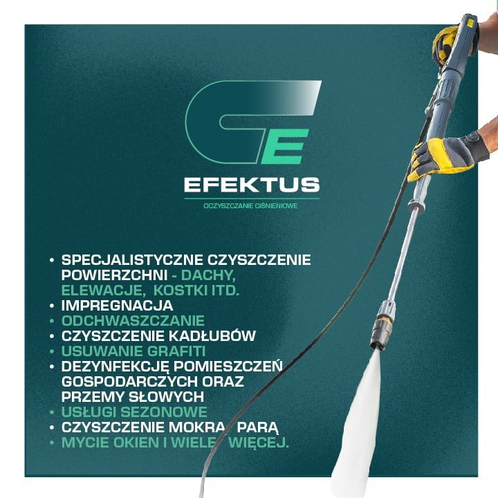 Grafika reklamowa firmy Efektus, specjalizującej się w czyszczeniu ciśnieniowym powierzchni, w tym dachów, elewacji i kostki brukowej, z użyciem myjki ciśnieniowej.