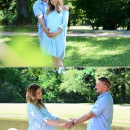 Belisana - Przyszła mama w błękitnej sukience i przyszły tata w błękitnej koszuli, pozujący na tle zielonego parku, trzymający się za ręce, z balonami w pastelowych kolorach w dolnej części kadru.