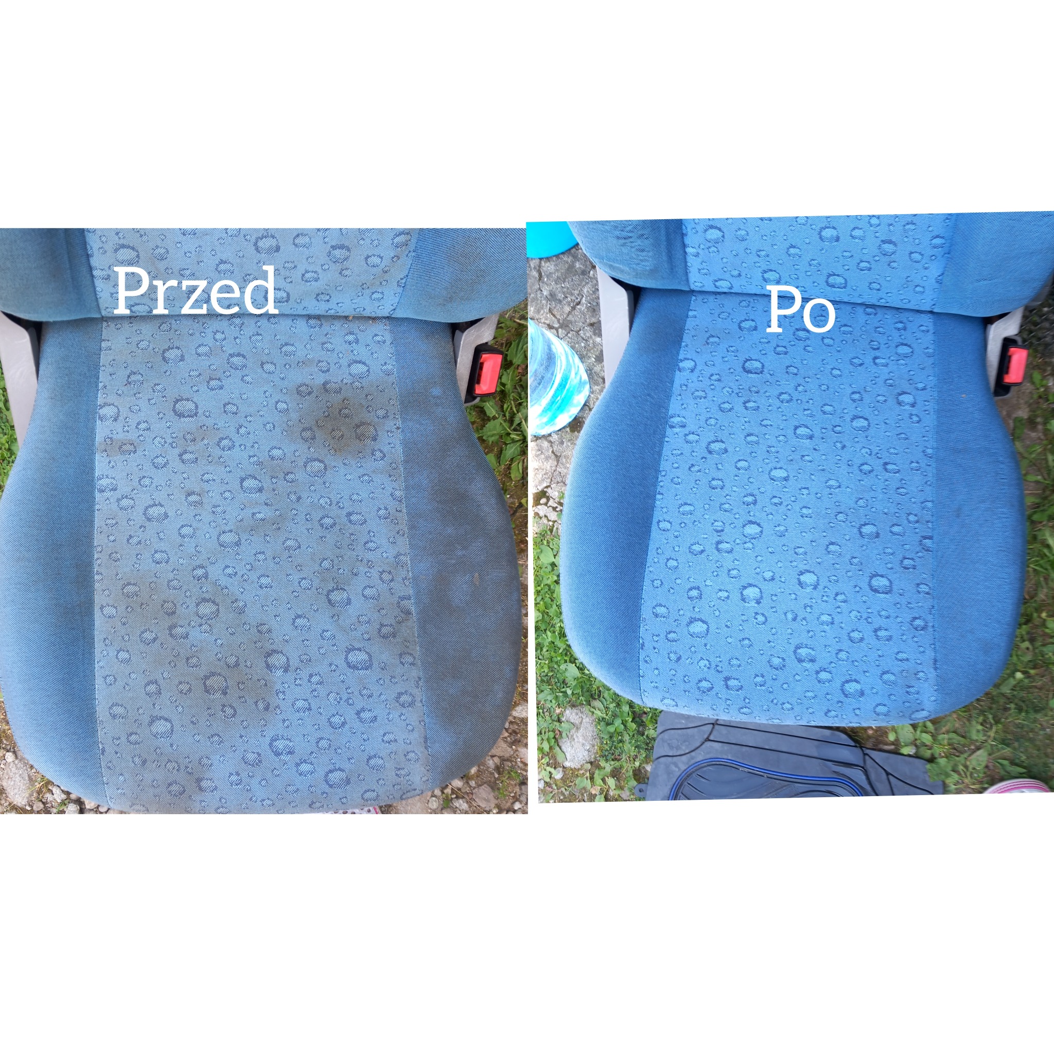 Porównanie fotela samochodowego przed i po czyszczeniu, widoczne plamy i zabrudzenia usunięte, tapicerka odświeżona.