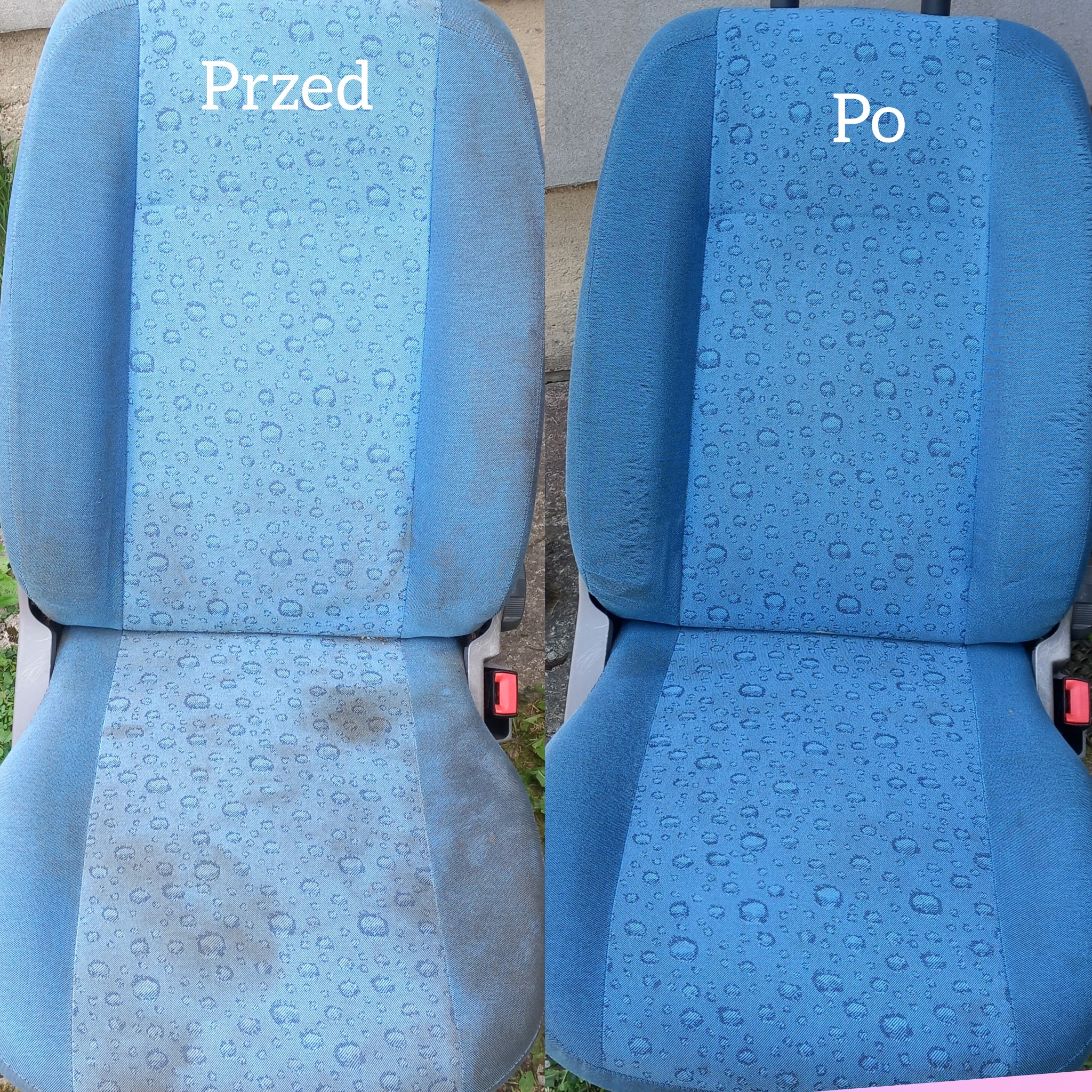 Fotografia przedstawia fotel samochodowy z podziałem na 'przed' i 'po' czyszczeniu, ukazując różnicę w wyglądzie tapicerki. Po lewej stronie widoczne są plamy i zabrudzenia, natomiast po prawej...
