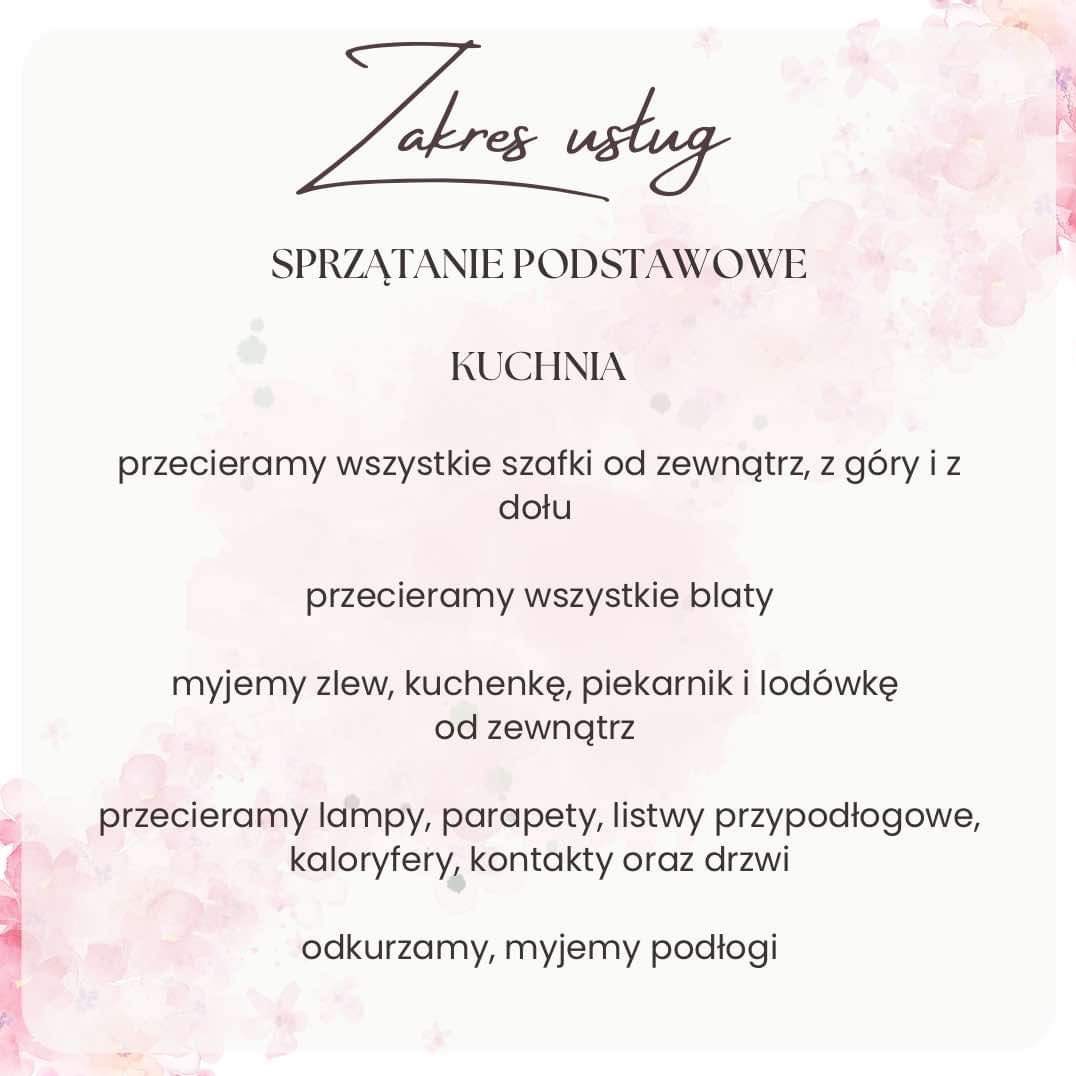 Grafika informacyjna z zakresem usług sprzątania podstawowego kuchni, obejmująca przecieranie szafek, blatów, mycie zlewu, kuchenki, piekarnika i lodówki od zewnątrz, przecieranie lamp, parapetów...