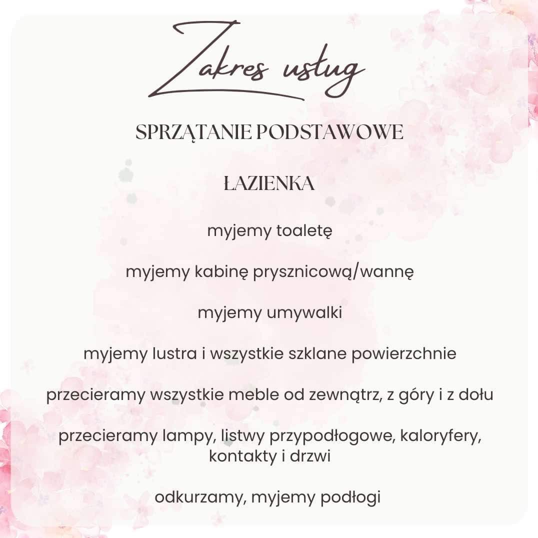 Grafika z zakresem usług sprzątania podstawowego łazienki, obejmująca mycie toalety, kabiny prysznicowej/wanny, umywalek, luster i powierzchni szklanych, przecieranie mebli, lamp, listew...