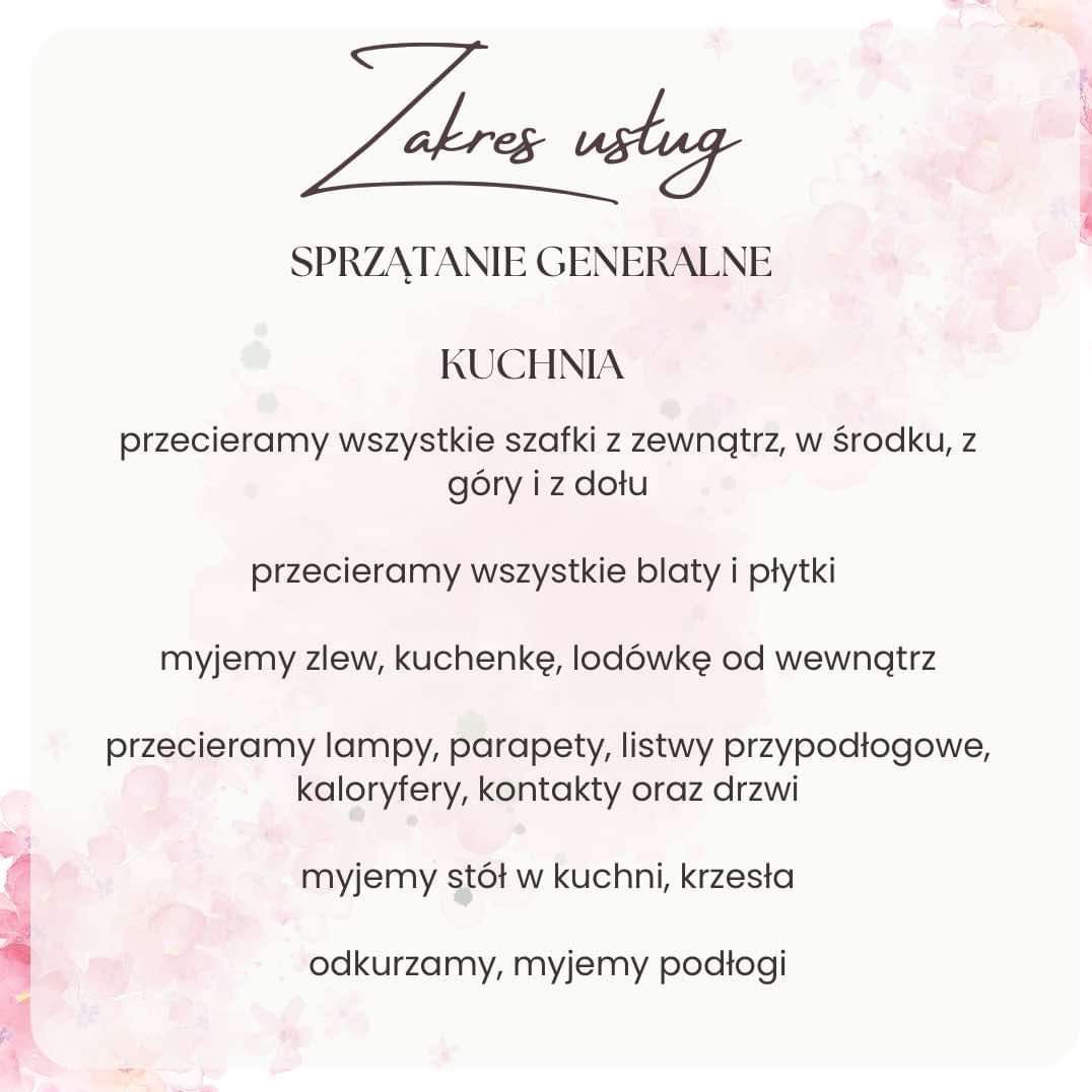 Grafika z listą usług sprzątania generalnego kuchni, obejmującą przecieranie szafek, blatów, mycie zlewu, kuchenki, lodówki, lamp, parapetów, listew przypodłogowych, kaloryferów, kontaktów, drzwi...