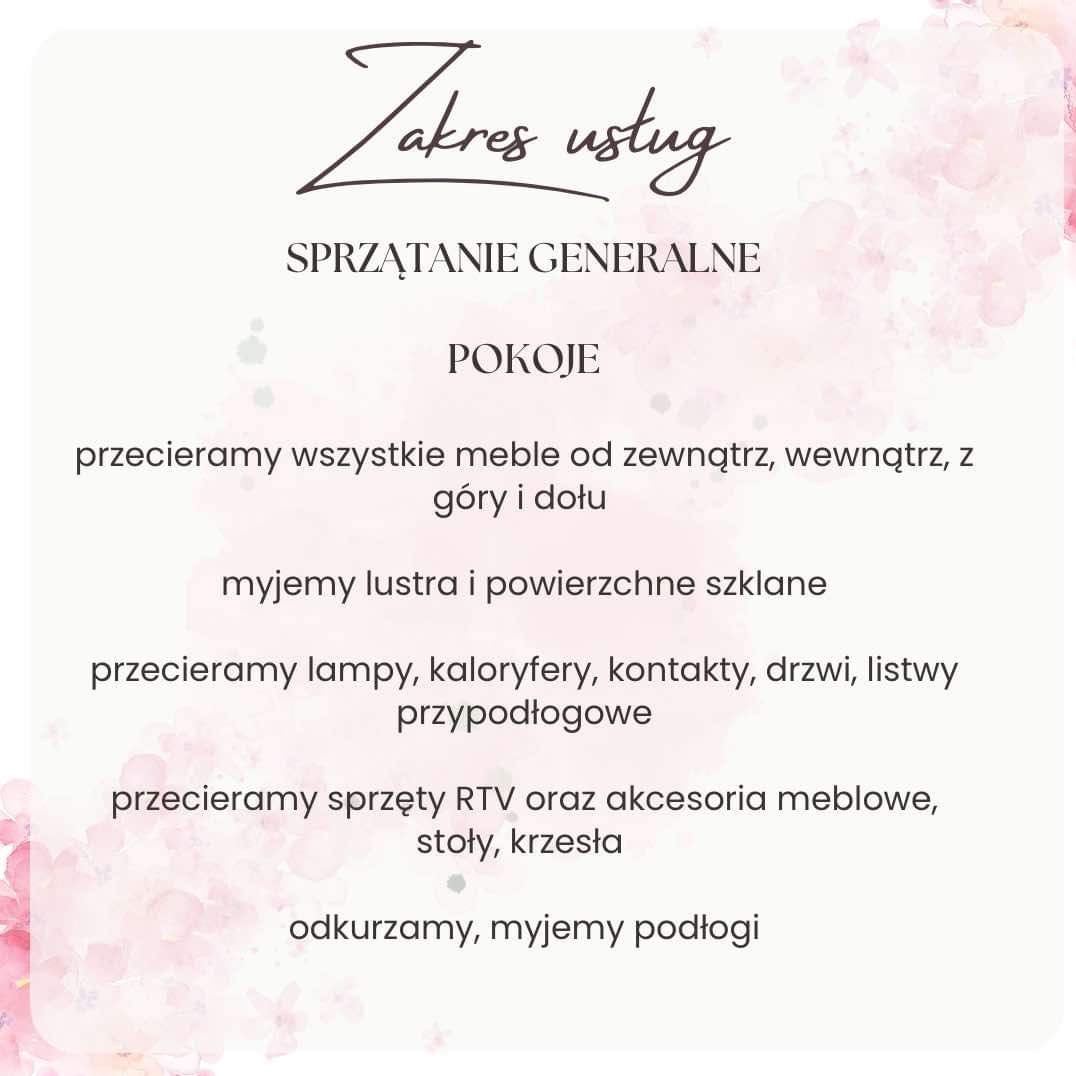 Grafika z zakresem usług sprzątania generalnego pokojów: przecieranie mebli, mycie luster, lamp, kaloryferów, sprzętów RTV, odkurzanie i mycie podłóg, na kremowym tle z różowymi akcentami kwiatowymi.
