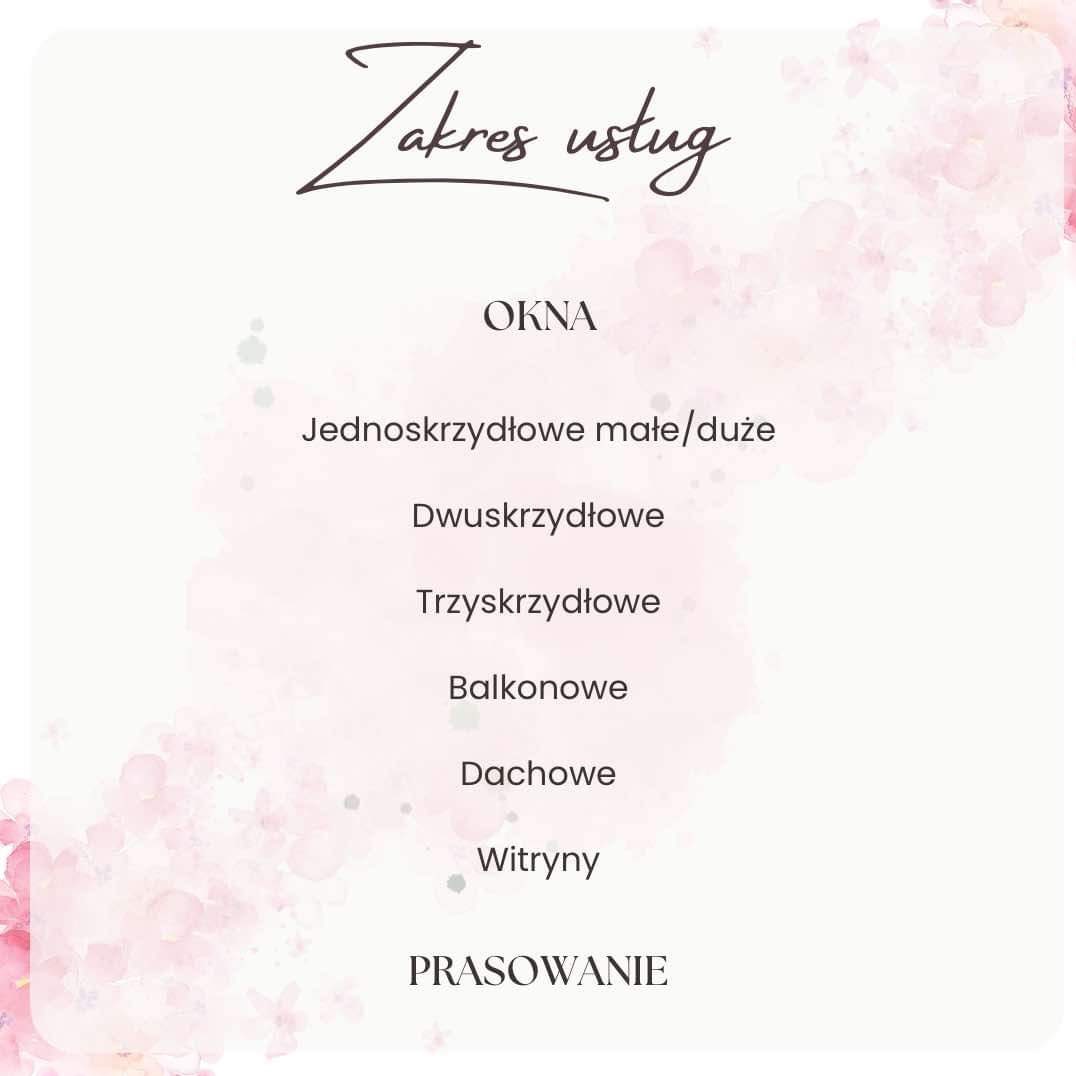 Grafika z listą usług: okna (jednoskrzydłowe, dwuskrzydłowe, trzyskrzydłowe, balkonowe, dachowe, witryny) i prasowanie, na tle z rozmytymi różowymi kwiatami.