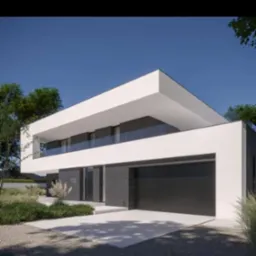 Dwukondygnacyjny dom z płaskim dachem w nowoczesnym stylu z garażem, otoczony zielenią. Elewacja w kolorach bieli i szarości.