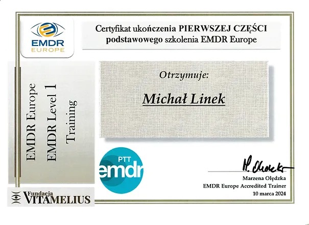 Certyfikat ukończenia szkolenia EMDR Europe dla Michała Linek, wystawiony przez Marzenę Olędzką, EMDR Europe Accredited Trainer, z datą 10 marca 2024, Fundacja Vitamelius, Zgierz.