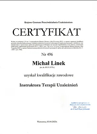 Certyfikat Instruktora Terapii Uzależnień dla Michała Linka, wydany przez Krajowe Centrum Przeciwdziałania Uzależnieniom, z datą 05.04.2023.