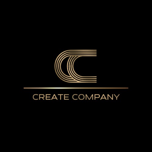 Złote logo firmy 'Create Company' na czarnym tle, litera 'C' stylizowana na kilka równoległych linii.