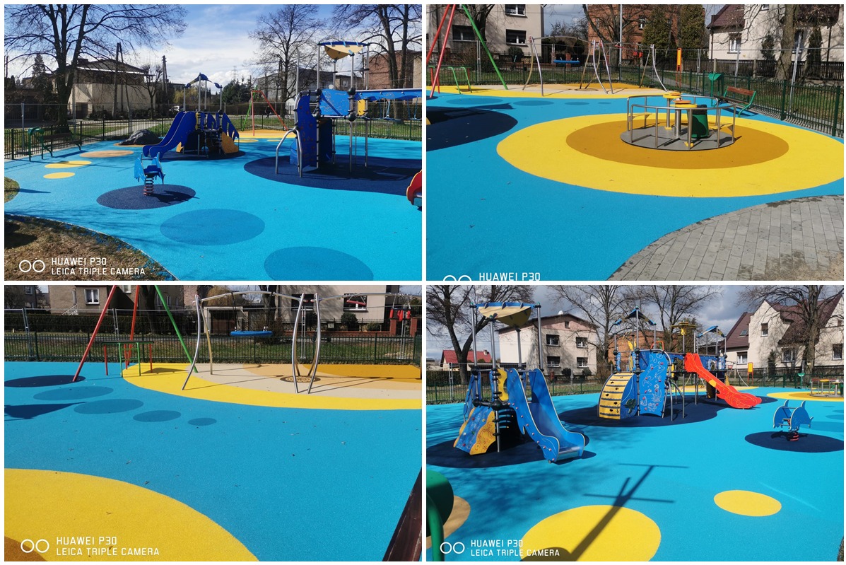 Kompozycja czterech ujęć nowoczesnego placu zabaw z niebieską nawierzchnią w żółte okręgi, zjeżdżalnie, huśtawki i karuzela na tle budynków mieszkalnych.