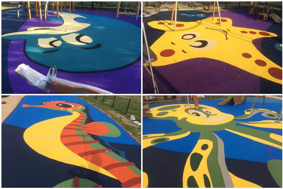 Cztery ujęcia nawierzchni bezpiecznej na placu zabaw z kolorowymi motywami morskich zwierząt: delfin, rozgwiazda, konik morski i ośmiornica.
