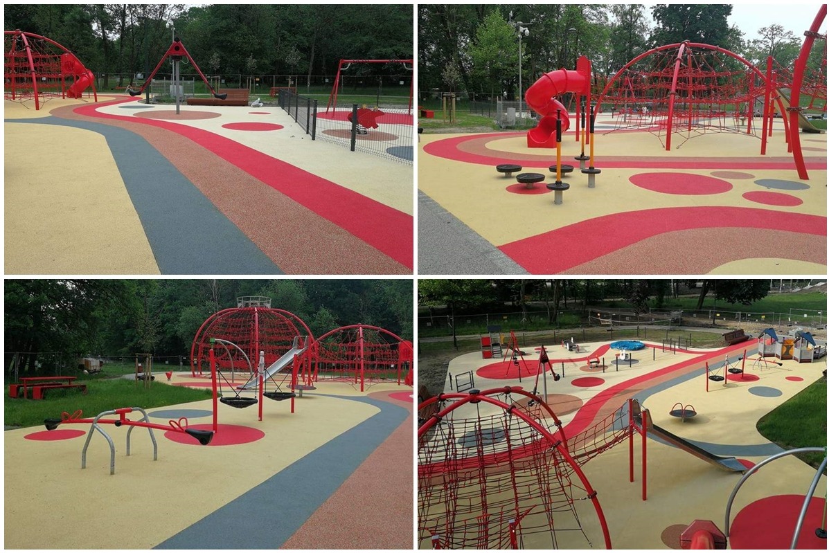 Cztery ujęcia nowoczesnego placu zabaw z czerwonymi konstrukcjami linowymi, zjeżdżalniami i huśtawkami na bezpiecznej, kolorowej nawierzchni w parku.