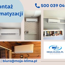 Moja-klima.pl - Montaż klimatyzacji w różnych wnętrzach: biały klimatyzator na ścianie z cegły, drewnianej boazerii i szarej ścianie z półką na książki. Kontakt telefoniczny i mailowy.