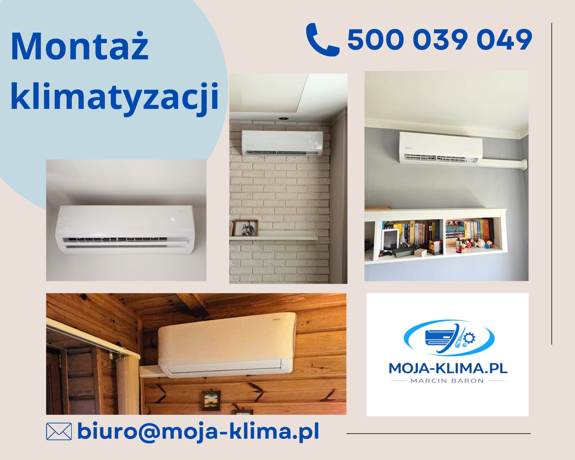 Montaż klimatyzacji w różnych wnętrzach: biały klimatyzator na ścianie z cegły, drewnianej boazerii i szarej ścianie z półką na książki. Kontakt telefoniczny i mailowy.