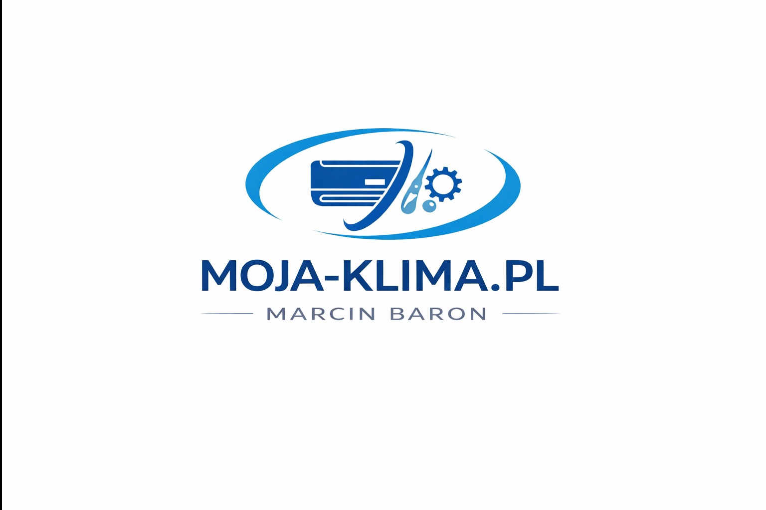 Niebieskie logo firmy Moja-Klima.pl z symbolem klimatyzacji, kroplą i zębatką, pod spodem nazwa firmy i imię Marcin Baron na białym tle.