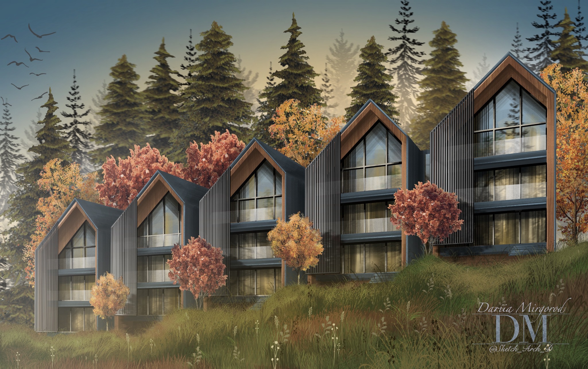 Wizualizacja domów w górach (Elewację tych domów można zobaczyć na innym zdjęciu w zestawieniu)