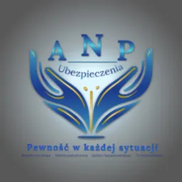 Graficzne logo firmy ubezpieczeniowej ANP z stylizowanymi dłońmi w kolorze niebieskim, hasłem 'Pewność w każdej sytuacji' oraz informacjami o ubezpieczeniu drogowym, mienia, spokoju i plonów.