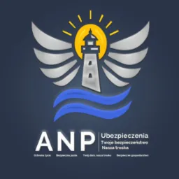 Graficzne logo firmy ubezpieczeniowej ANP z motywem latarni morskiej, skrzydeł i fal na granatowym tle.