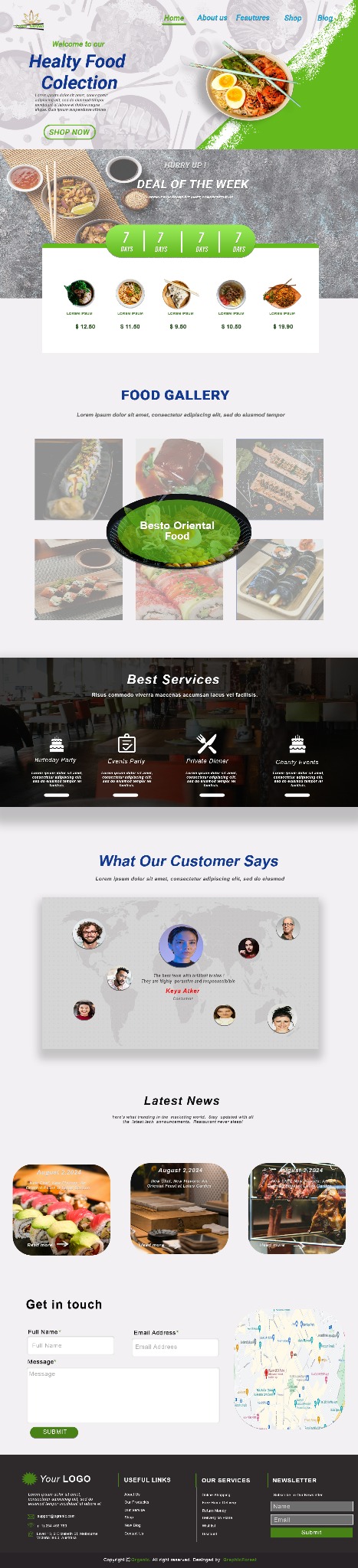 Projekt strony internetowej restauracji z Międzyrzecza, prezentujący zdrowe jedzenie i orientalne dania w galerii potraw, z sekcją opinii klientów i najnowszymi wiadomościami.