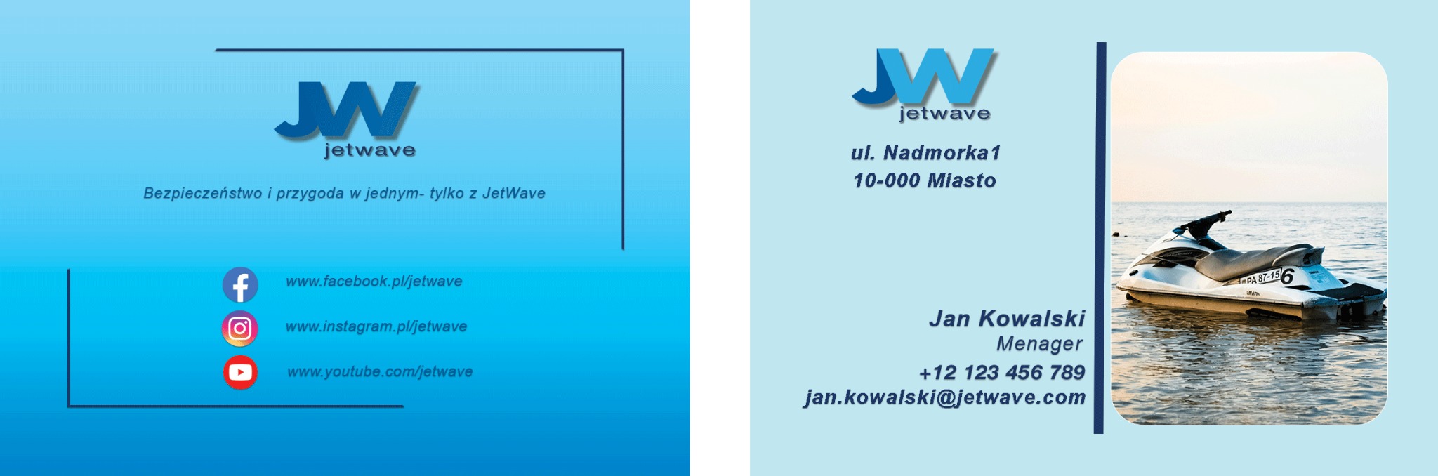 Dwustronna wizytówka firmy JetWave z logo, danymi kontaktowymi i zdjęciem skutera wodnego na tle morza.