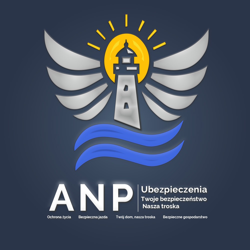 Graficzne logo firmy ubezpieczeniowej ANP z motywem latarni morskiej, skrzydeł i fal na granatowym tle.