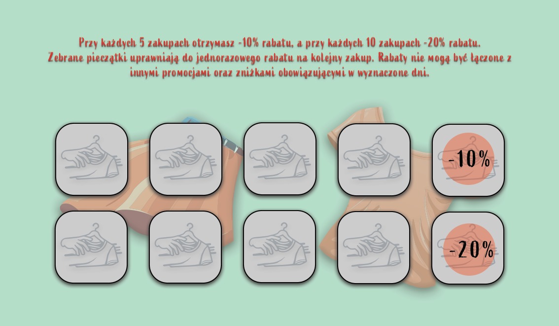 Grafika informująca o promocji w sklepie odzieżowym: 10% rabatu po 5 zakupach, 20% rabatu po 10 zakupach. Grafika zawiera ilustracje ubrań i pieczątek.