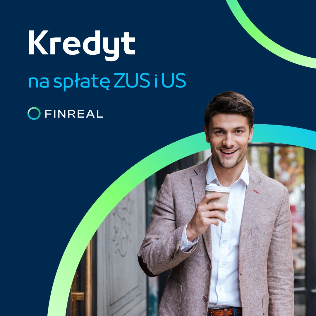 Uśmiechnięty mężczyzna w tweedowej marynarce z kawą na wynos na tle logo firmy Finreal oferującej pomoc w spłacie zobowiązań ZUS i US.