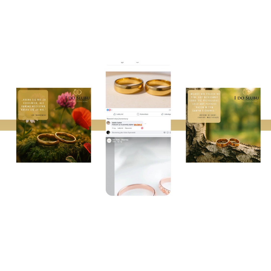 Prezentacja postów z Instagrama z obrączkami ślubnymi i cytatami o miłości, część kampanii marketingowej w mediach społecznościowych. Widoczne polubienia i komentarze.