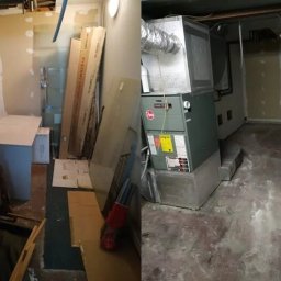 EkoBus - Opróżnianie mieszkań, sprzątanie piwnic, wywóz mebli - Piwnica przed i po: po lewej zagracona, z kartonami i starymi meblami, po prawej oczyszczona, z widocznym piecem grzewczym i betonową podłogą.