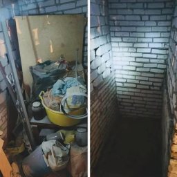 EkoBus - Opróżnianie mieszkań, sprzątanie piwnic, wywóz mebli - Przed i po: zagracone pomieszczenie z żółtą miską pełną przedmiotów, workami i drabiną, oraz pusta, wyczyszczona piwnica z ceglanymi ścianami oświetlona lampą.