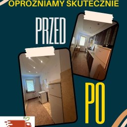 EkoBus - Opróżnianie mieszkań, sprzątanie piwnic, wywóz mebli - Reklama firmy sprzątającej: ujęcie kuchni przed i po realizacji, z widocznym logo Ekobus i hasłem 'Opróżniamy skutecznie'.