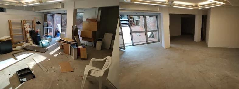 Porównanie stanu pomieszczenia przed i po: po lewej zagracona przestrzeń z meblami, kartonami i śmieciami, po prawej puste, wysprzątane pomieszczenie z jasnymi ścianami i betonową podłogą.