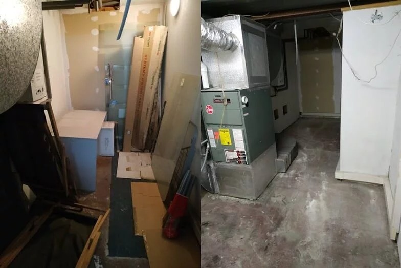 Piwnica przed i po: po lewej zagracona, z kartonami i starymi meblami, po prawej oczyszczona, z widocznym piecem grzewczym i betonową podłogą.