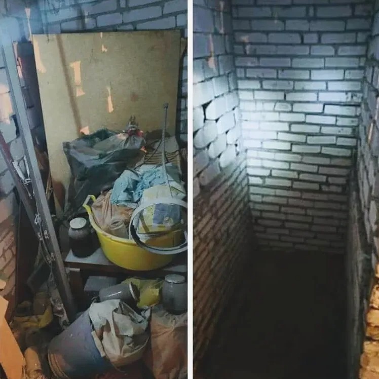 Przed i po: zagracone pomieszczenie z żółtą miską pełną przedmiotów, workami i drabiną, oraz pusta, wyczyszczona piwnica z ceglanymi ścianami oświetlona lampą.