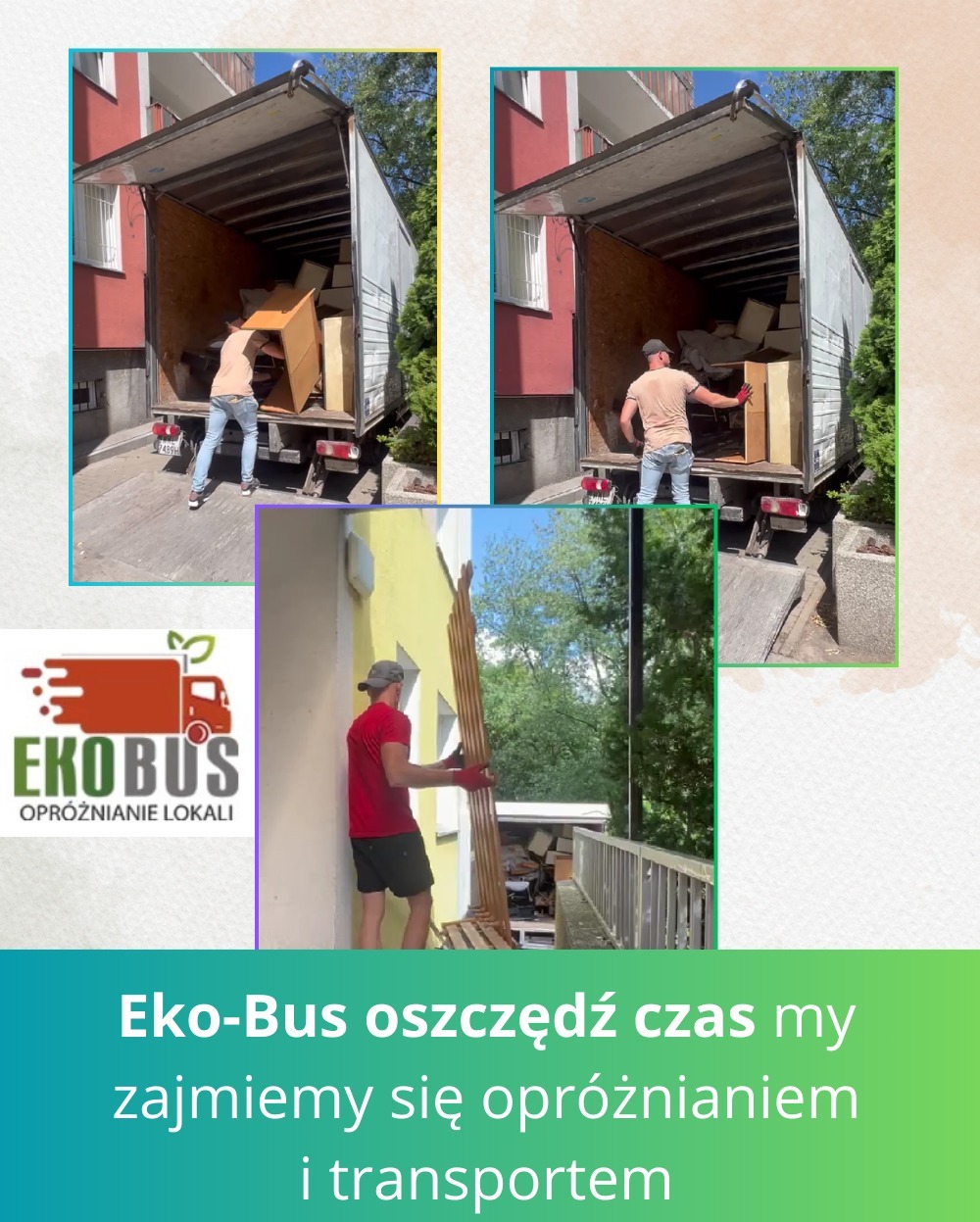 Opróżnianie mieszkania: pracownicy firmy Eko-Bus wynoszą meble z mieszkania i ładują je do samochodu dostawczego z otwartą tylną klapą, widoczne elementy wyposażenia wnętrza.