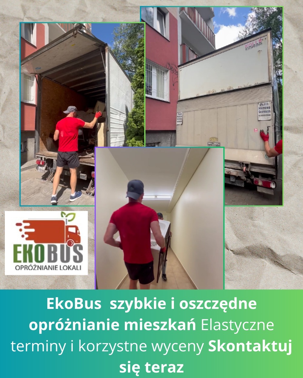 Pracownik w czerwonej koszulce i rękawicach ładuje meble do ciężarówki podczas opróżniania mieszkania, widok z tyłu, na drugim planie korytarz z pracownikiem niosącym umywalkę, w tle budynek...