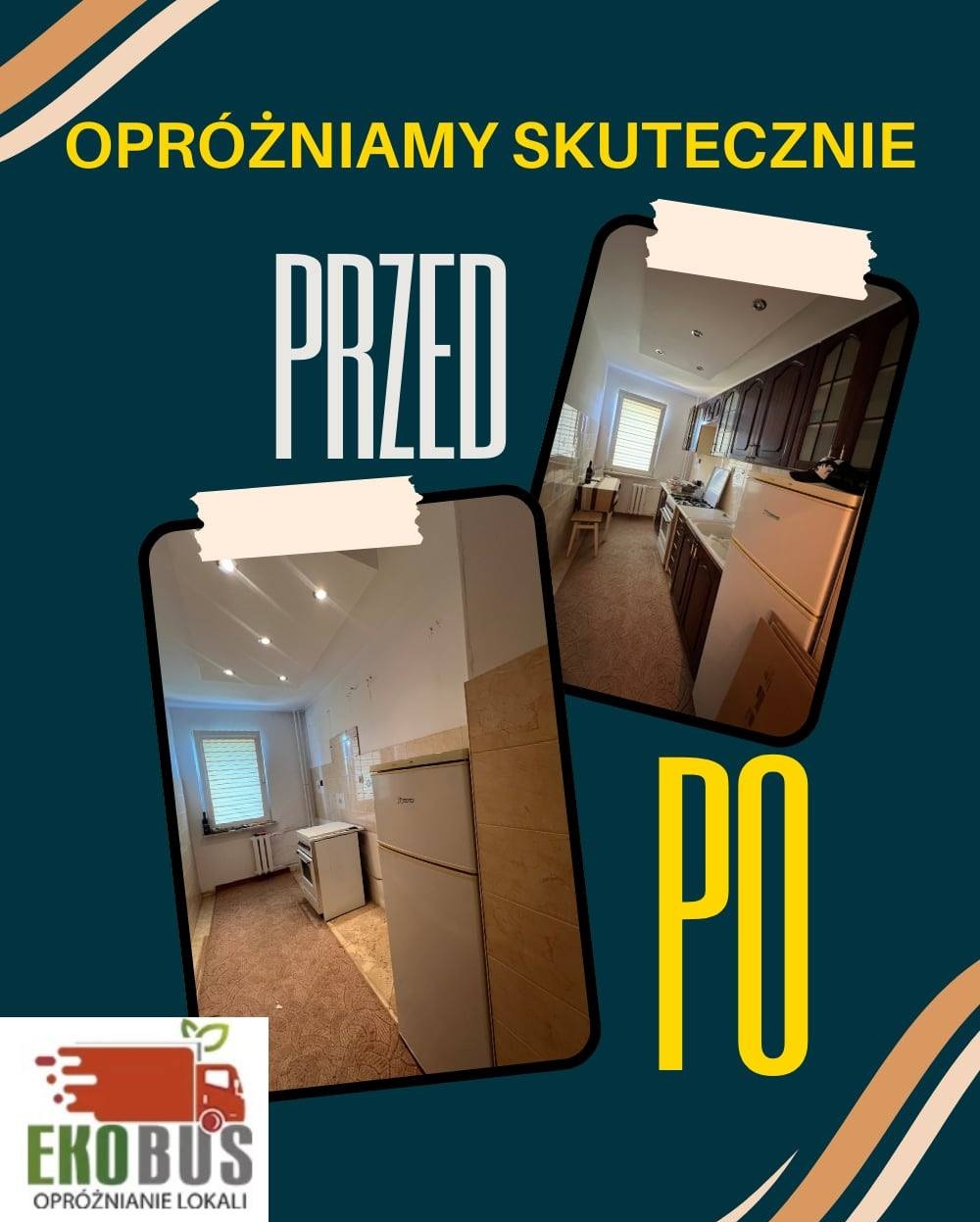 Reklama firmy sprzątającej: ujęcie kuchni przed i po realizacji, z widocznym logo Ekobus i hasłem 'Opróżniamy skutecznie'.