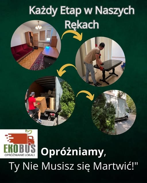 Kompozycja zdjęć przedstawiająca etapy usługi: pokój z meblami, pracownik zabezpieczający stół, wnoszenie szafy do ciężarówki i zaparkowany bus na tle zielonych drzew, uzupełniona o logo firmy...