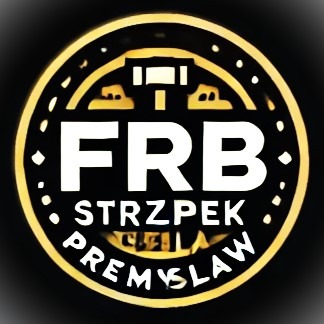 Złoty emblemat firmy FRB Strzpek Przemysław z Wiśniowej, zawierający symbol narzędzia budowlanego w górnej części i tekst ułożony łukowo wokół centralnego napisu FRB.