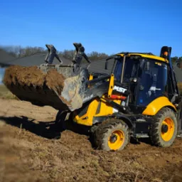 Żółto-czarna koparko-ładowarka MST z pełną łyżką ziemi na tle błękitnego nieba i zabudowań. Widoczne logo teko.pl na maszynie.