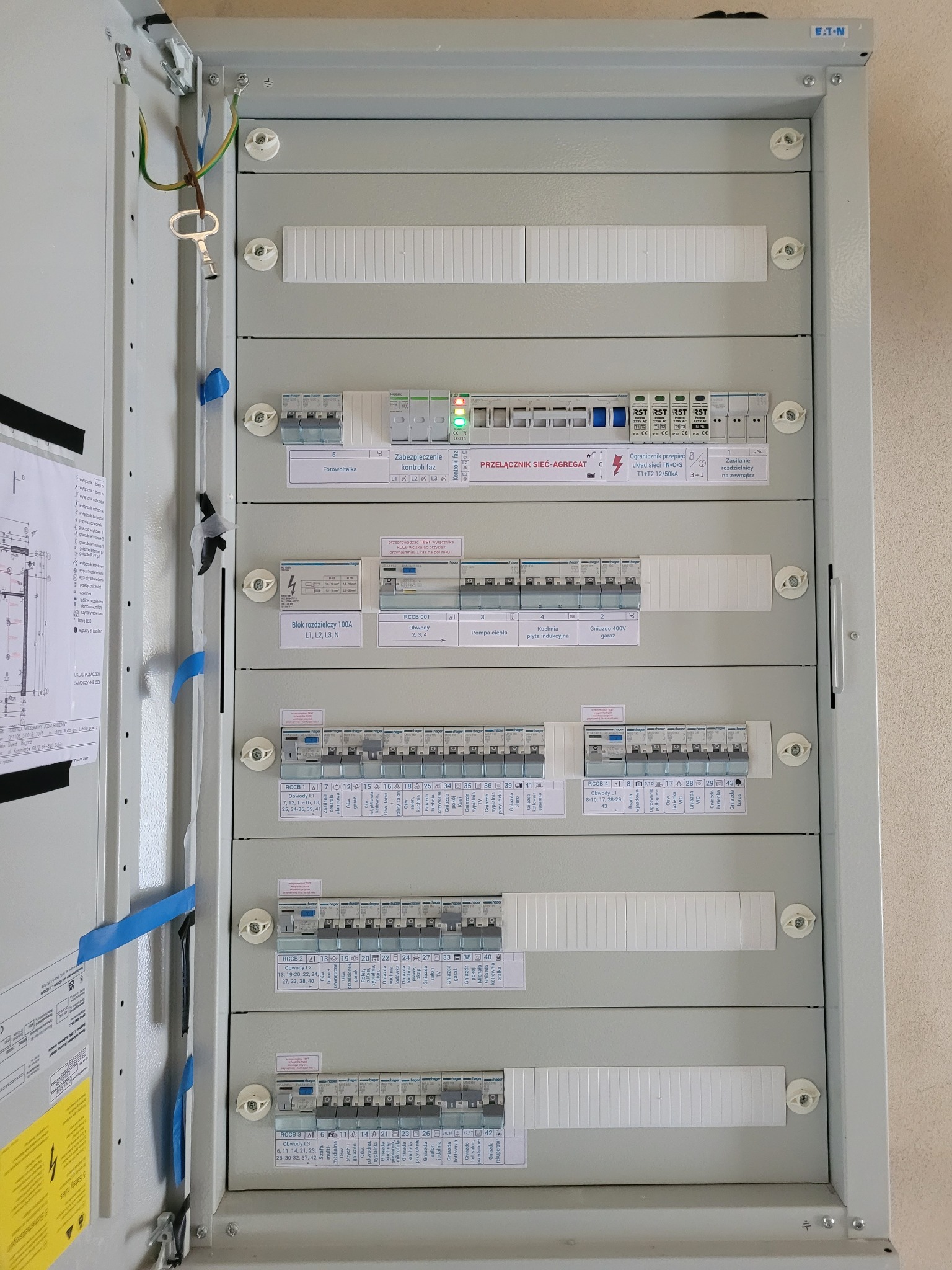 Rozdzielnica domku jednorodzinnego, przełącznik sieć-agregat, opisy, dokumentacja