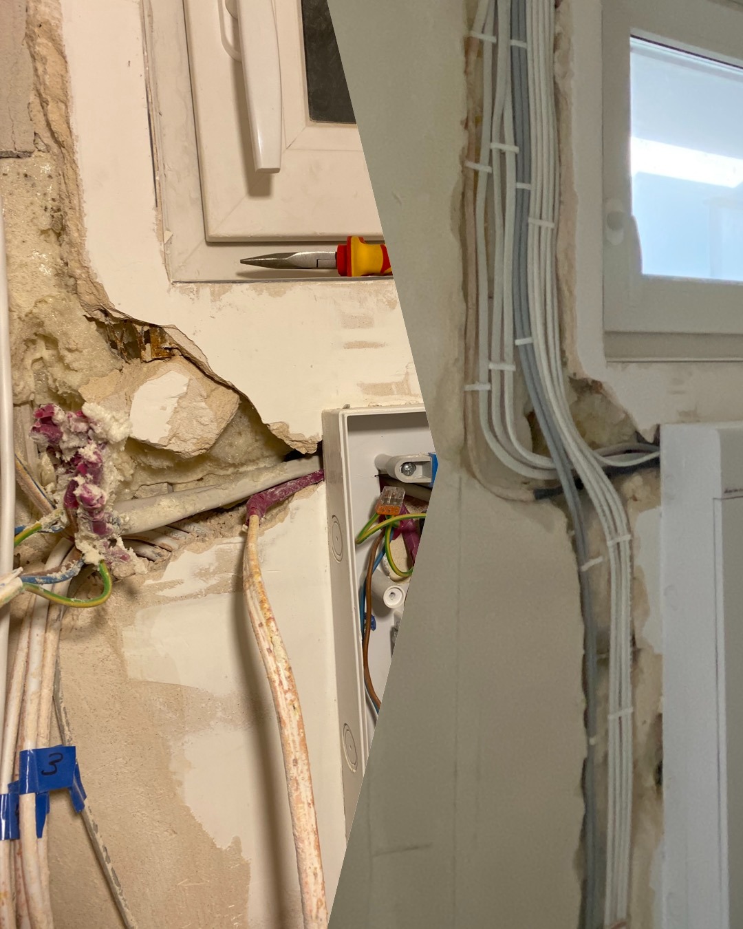 Porównanie: instalacja elektryczna przed (surowa ściana z przewodami) i po (schludne kable w korytku przy oknie). Szczypce leżą na parapecie.