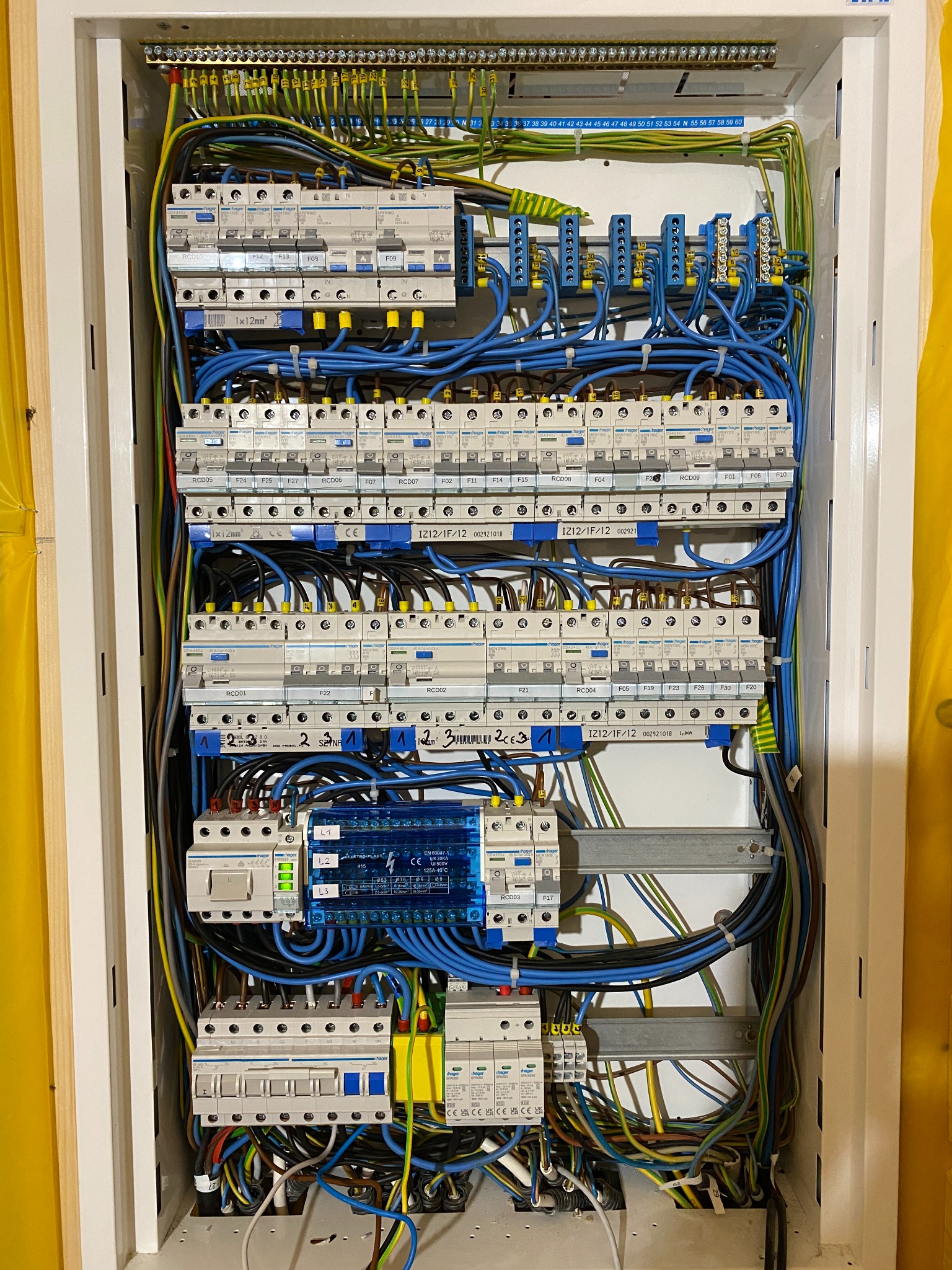 Rozdzielnica elektryczna z licznymi zabezpieczeniami, przewodami w różnych kolorach i oznaczeniami. Widoczne bezpieczniki i listwy zaciskowe wewnątrz białej obudowy.