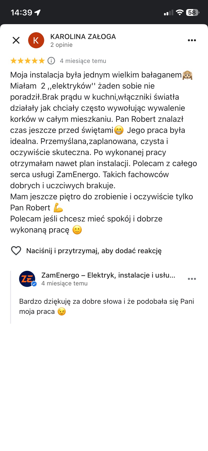 Zrzut ekranu z opinią klientki o usłudze elektrycznej firmy ZamEnergo, podkreślający profesjonalizm i skuteczność w naprawie instalacji.