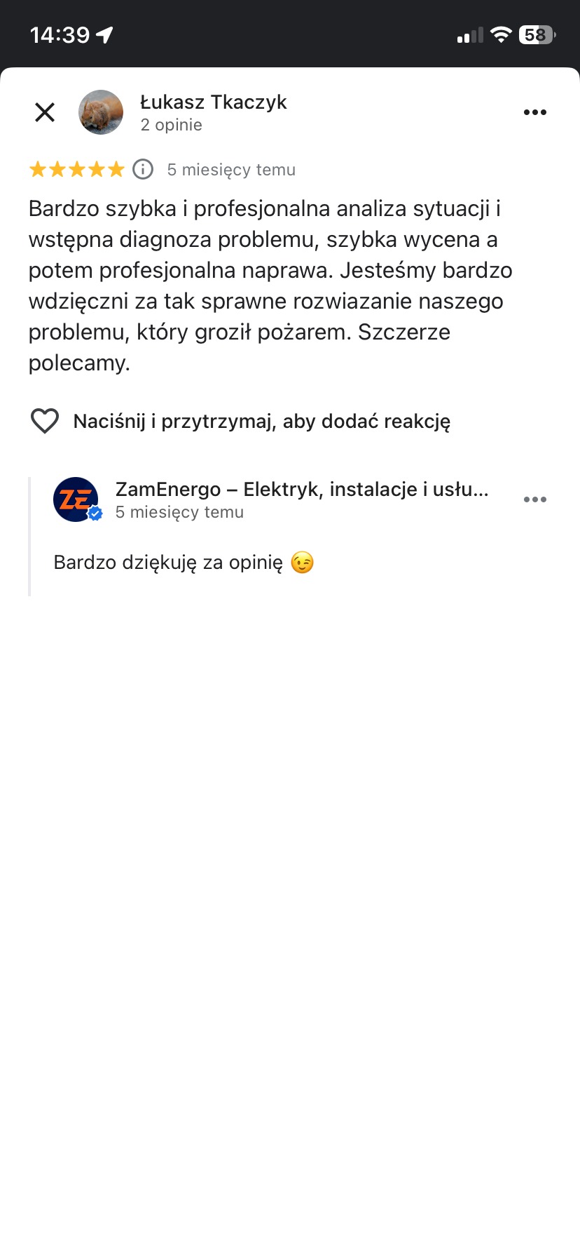 Zrzut ekranu pozytywnej opinii klienta Łukasza Tkaczyka dla firmy ZamEnergo, elektryka, za szybką i profesjonalną naprawę problemu, który groził pożarem.