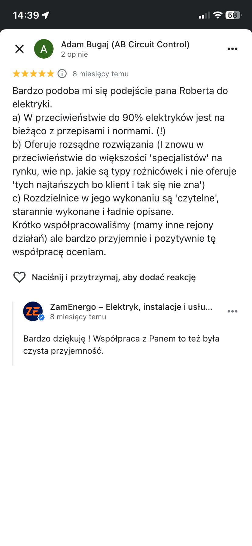 Zrzut ekranu z pozytywną opinią klienta o elektryku Adamie Bugaju, podkreślającą jego profesjonalizm i staranność w wykonaniu prac elektrycznych.